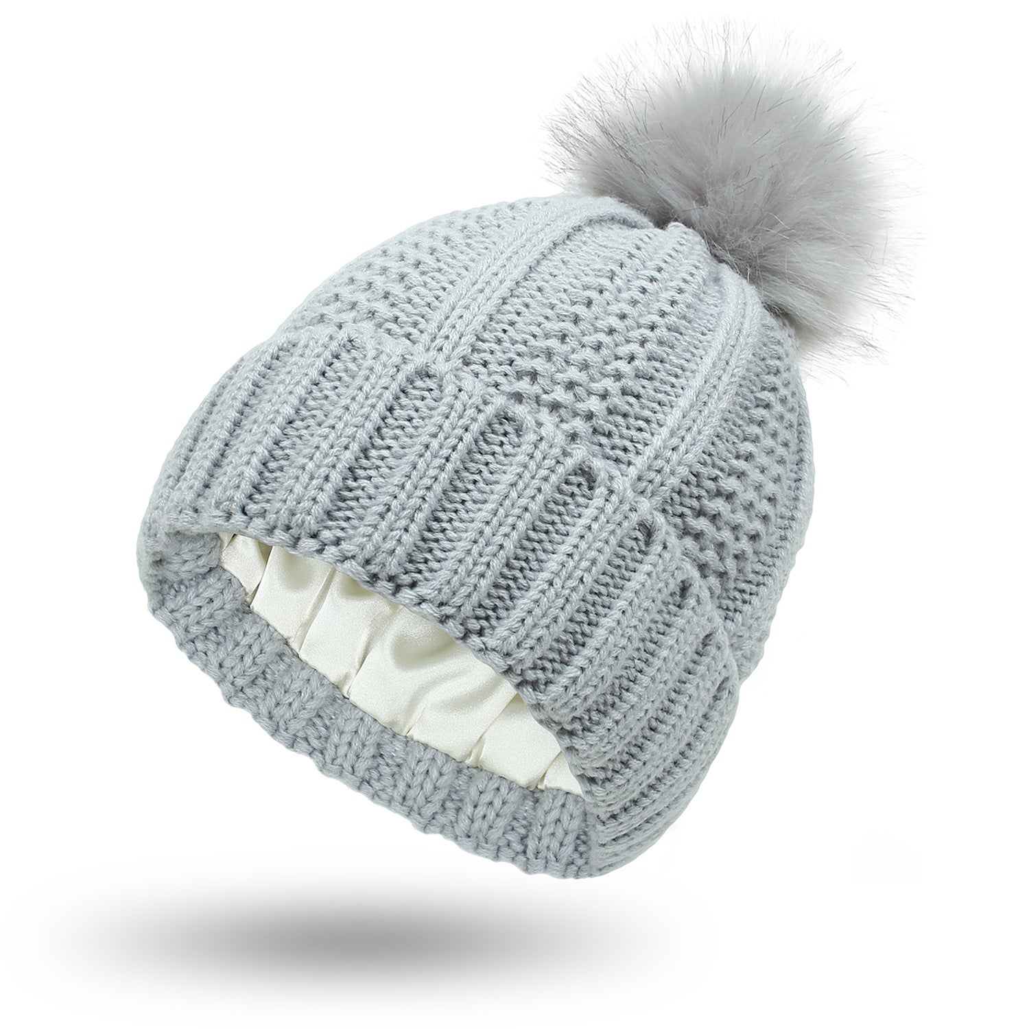Modische dehnbare Strickmütze mit Satinfutter und Totenkopf für Frauen, Kunstfell-Bommelmütze, Wintermütze zum Warmhalten