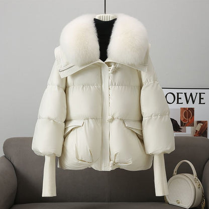 Daunenjacke für Damen, kurz mit Fellkragen, dick gefütterter Mantel, Winterkleidung