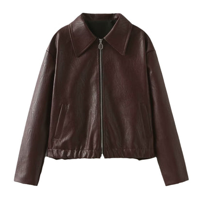 Solid color lapel jacket with zipper. Fashionable casual leather jacket with long sleeves. Women&