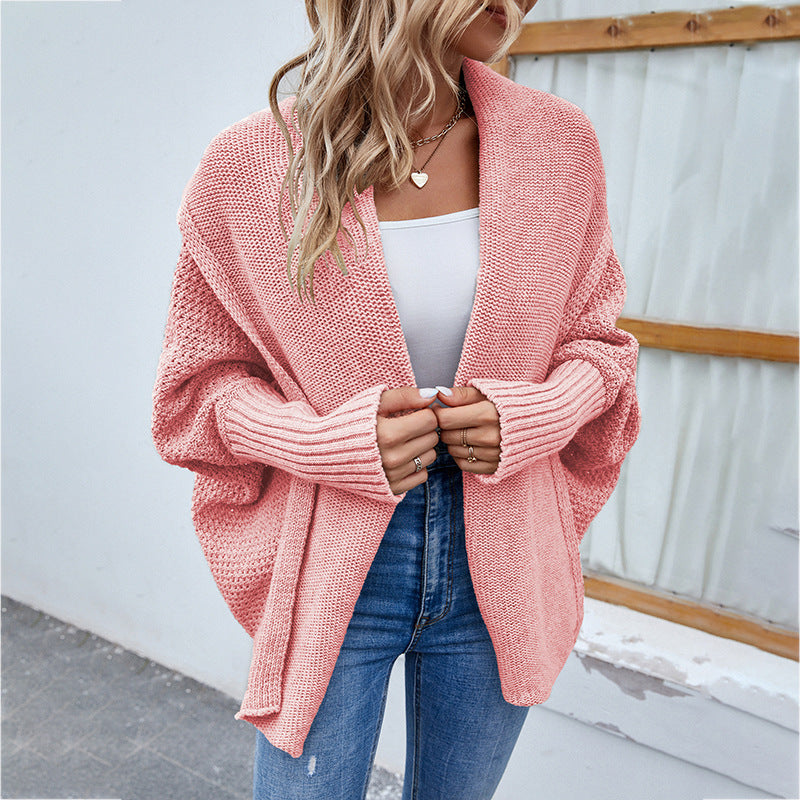 Gestrickter Pullover Einfarbig Batwing-Ärmel Großer Revers-Cardigan Herbst- und Wintermode-Jacke für Damenbekleidung