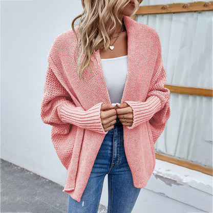 Gestrickter Pullover Einfarbig Batwing-Ärmel Großer Revers-Cardigan Herbst- und Wintermode-Jacke für Damenbekleidung