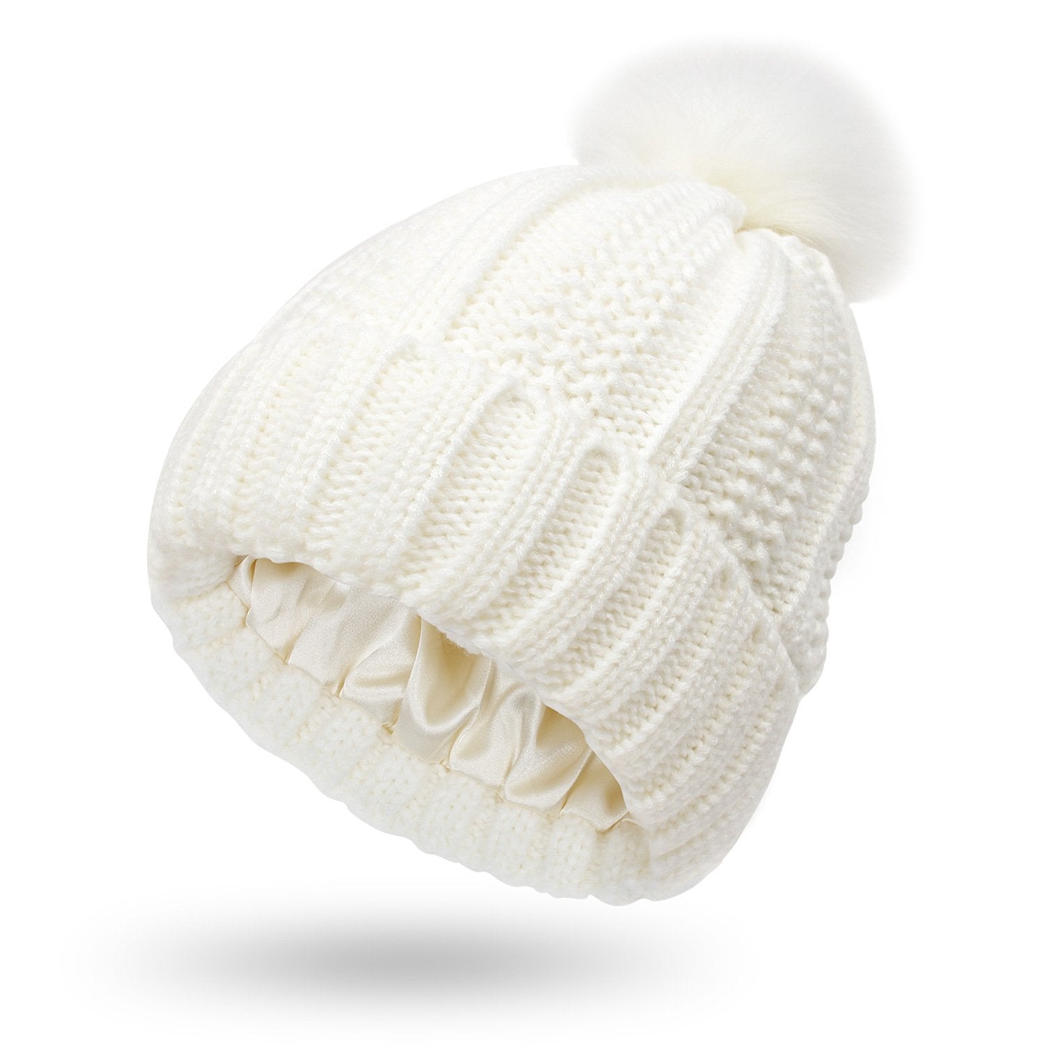 Modische dehnbare Strickmütze mit Satinfutter und Totenkopf für Frauen, Kunstfell-Bommelmütze, Wintermütze zum Warmhalten