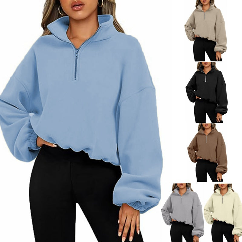 Lockerer Sport-Pullover-Hoodie für Frauen, Winter, einfarbig, mit Reißverschluss und Stehkragen, dickes, warmes Kleidungsstück