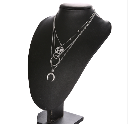 Fashionable multi-layered boho moon map necklace