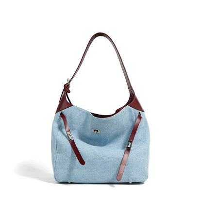 Top Layer Cowhide with Denim Fashion All-match Large Capacity Shoulder Bag