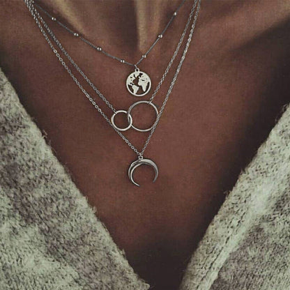 Fashionable multi-layered boho moon map necklace