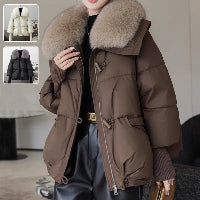Daunenjacke für Damen, kurz mit Fellkragen, dick gefütterter Mantel, Winterkleidung