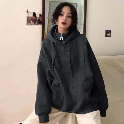Damen Hoodies Herbst Winter Neuer Koreanischer Stil Studenten Locker Bestickt Einfach Plus Samt Hohe Qualität Weiche Damenbekleidung Schick