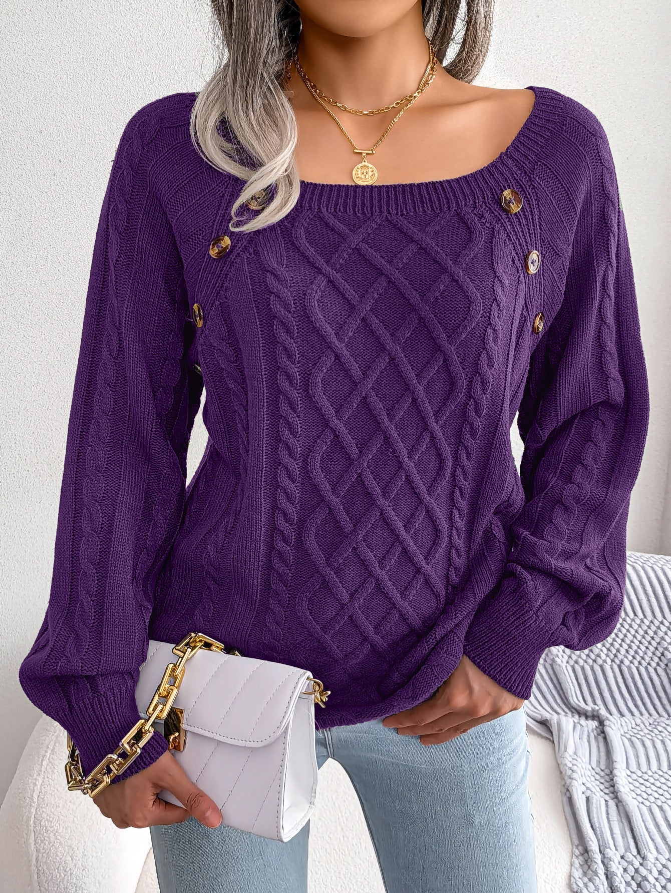 Strickpullover mit quadratischem Ausschnitt und Knopfleiste, warmer Winterpullover mit langen Ärmeln, Damenbekleidung