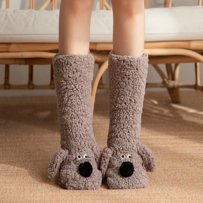 Süße Cartoon-Hund Bodensocken Winterwarme Rutschfeste Plüschsocken für Frauen