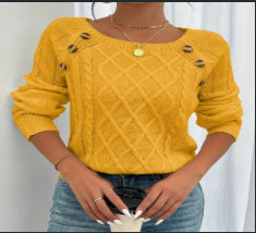 Strickpullover mit quadratischem Ausschnitt und Knopfleiste, warmer Winterpullover mit langen Ärmeln, Damenbekleidung
