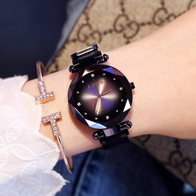 Roségold Damenuhren Mode Diamant Damen Sternenhimmel Magnetuhr Wasserdichte Armbanduhr für Frauen