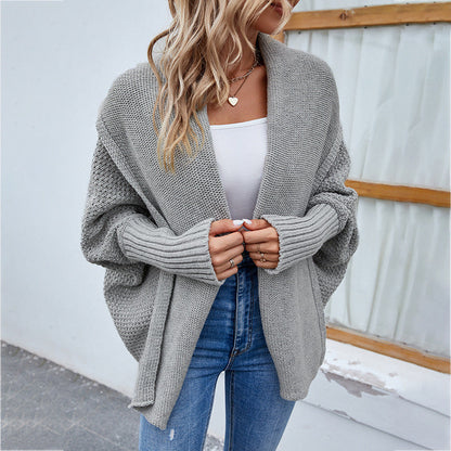 Gestrickter Pullover Einfarbig Batwing-Ärmel Großer Revers-Cardigan Herbst- und Wintermode-Jacke für Damenbekleidung