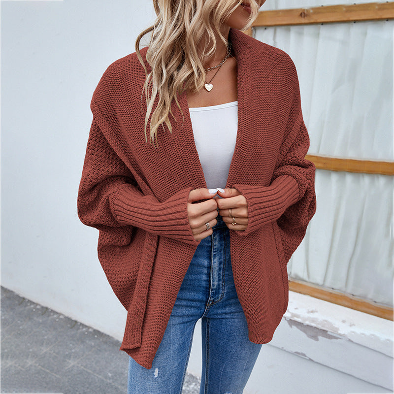 Gestrickter Pullover Einfarbig Batwing-Ärmel Großer Revers-Cardigan Herbst- und Wintermode-Jacke für Damenbekleidung