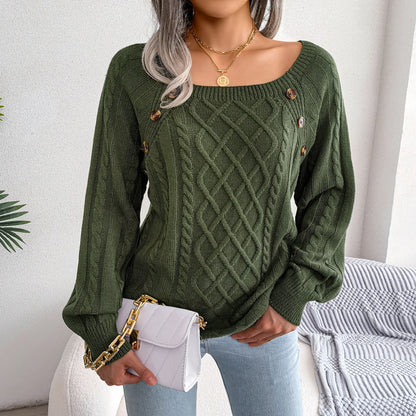 Strickpullover mit quadratischem Ausschnitt und Knopfleiste, warmer Winterpullover mit langen Ärmeln, Damenbekleidung
