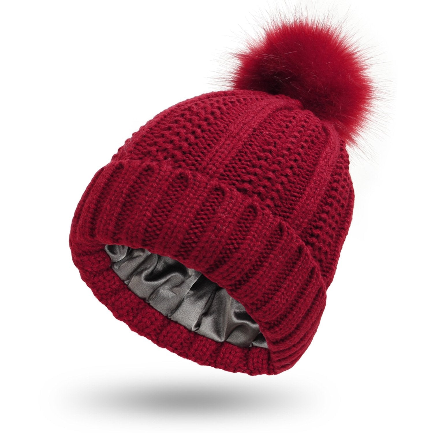 Modische dehnbare Strickmütze mit Satinfutter und Totenkopf für Frauen, Kunstfell-Bommelmütze, Wintermütze zum Warmhalten
