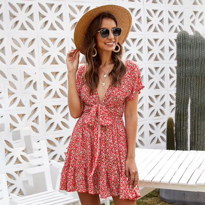 Deep V Ruffled Floral Spring Dress Women&
