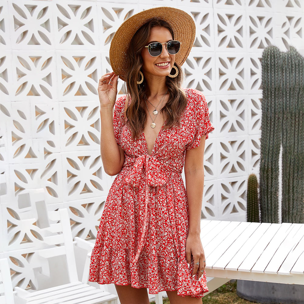 Deep V Ruffled Floral Spring Dress Women&
