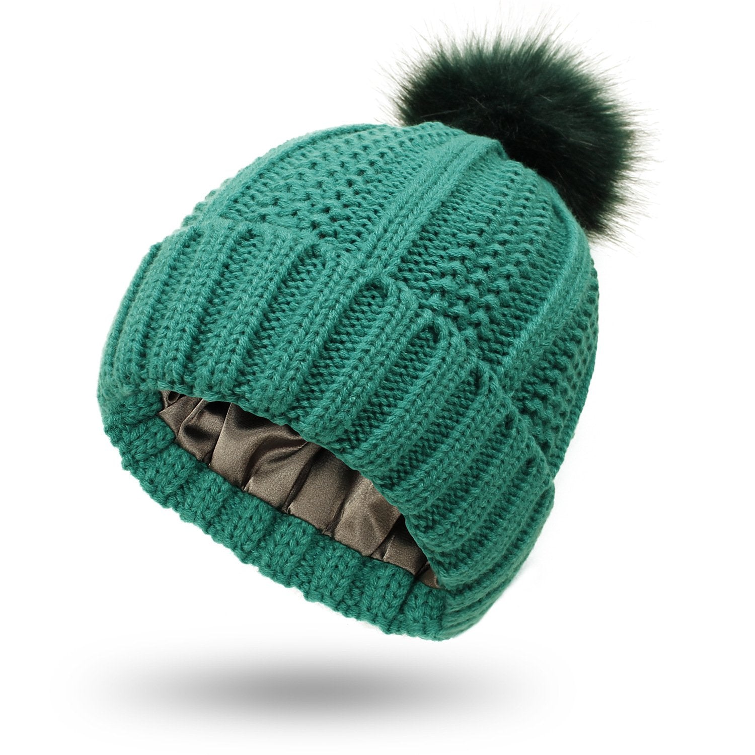Modische dehnbare Strickmütze mit Satinfutter und Totenkopf für Frauen, Kunstfell-Bommelmütze, Wintermütze zum Warmhalten