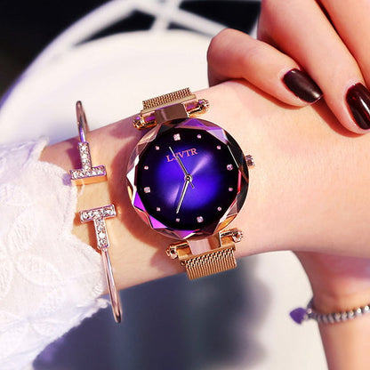 Roségold Damenuhren Mode Diamant Damen Sternenhimmel Magnetuhr Wasserdichte Armbanduhr für Frauen