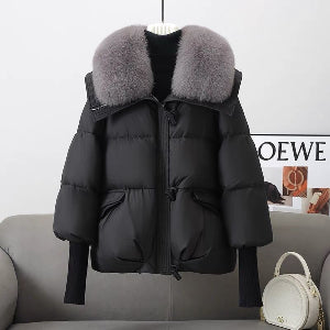 Daunenjacke für Damen, kurz mit Fellkragen, dick gefütterter Mantel, Winterkleidung