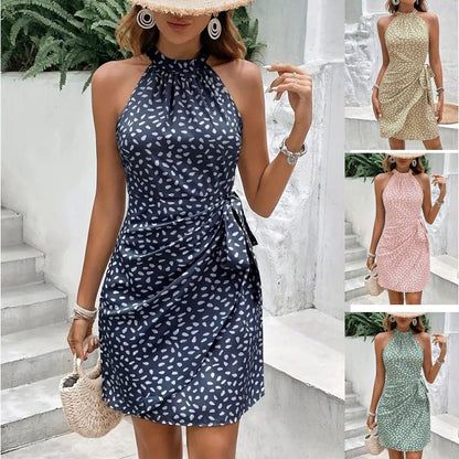 Sommer Halterneck Kleid mit Druckmuster und gebundener Taille Damen Zittern Punkte Temperament Kleid