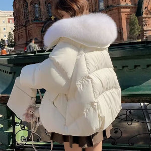 Daunenjacke für Damen, kurz mit Fellkragen, dick gefütterter Mantel, Winterkleidung