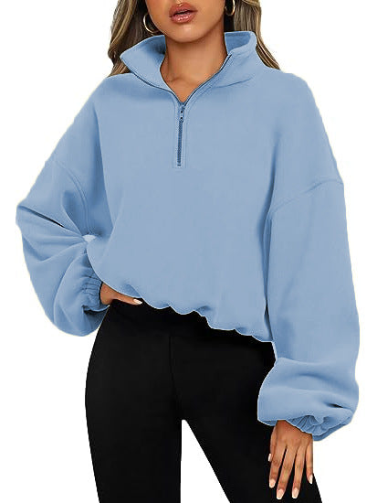 Lockerer Sport-Pullover-Hoodie für Frauen, Winter, einfarbig, mit Reißverschluss und Stehkragen, dickes, warmes Kleidungsstück