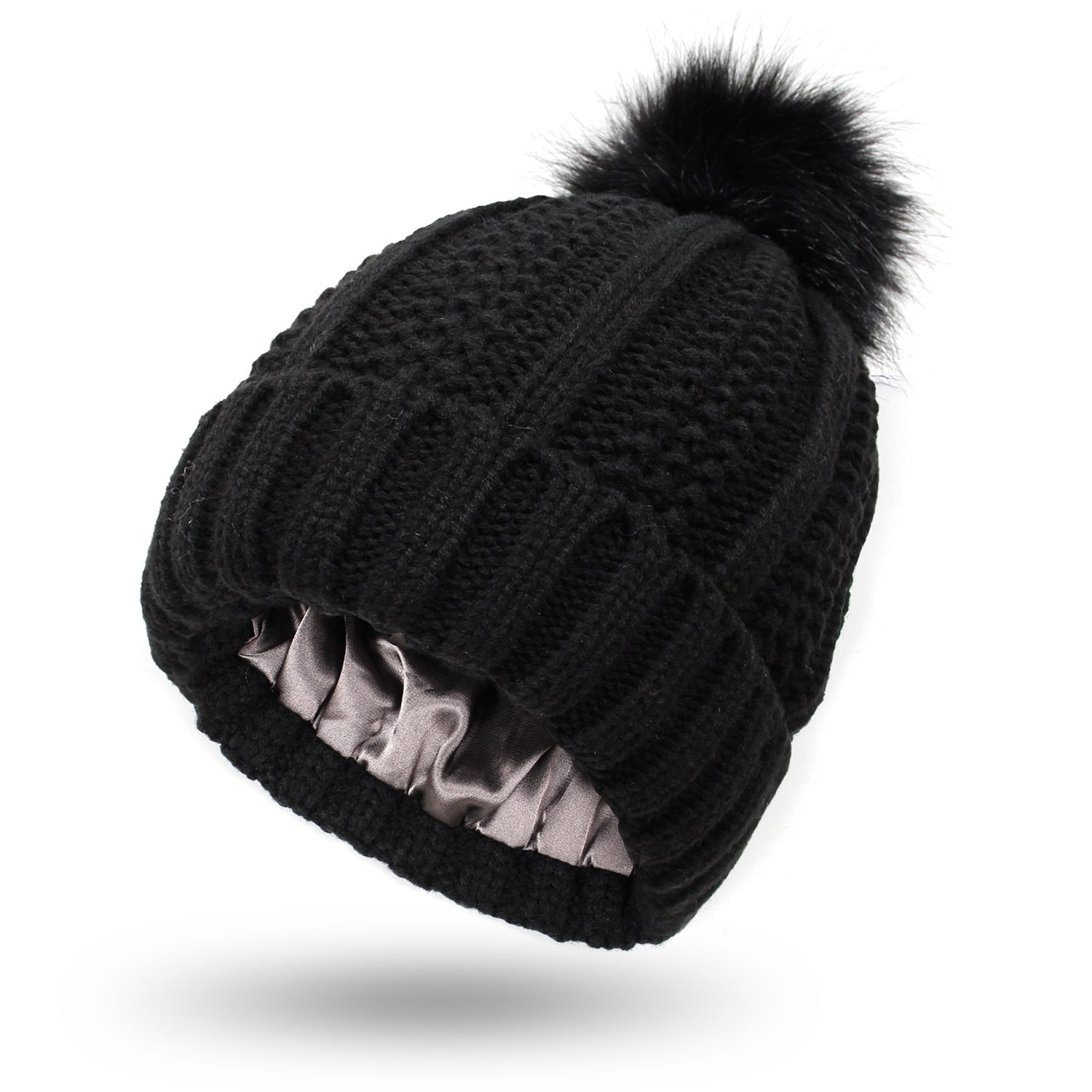 Modische dehnbare Strickmütze mit Satinfutter und Totenkopf für Frauen, Kunstfell-Bommelmütze, Wintermütze zum Warmhalten