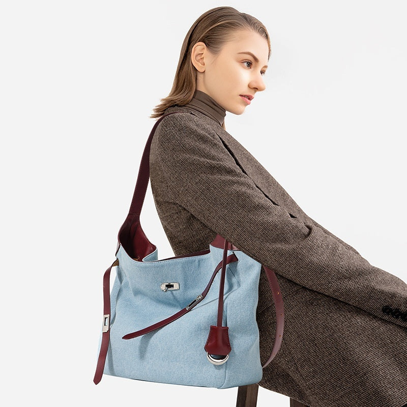Top Layer Cowhide with Denim Fashion All-match Large Capacity Shoulder Bag