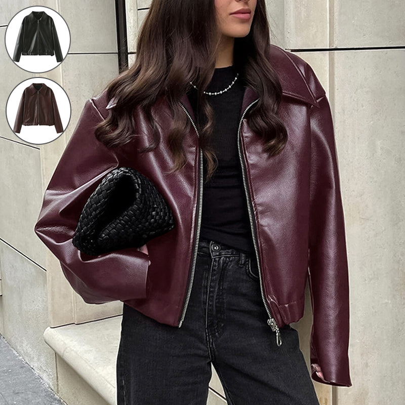Solid color lapel jacket with zipper. Fashionable casual leather jacket with long sleeves. Women&