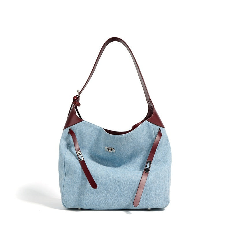 Top Layer Cowhide with Denim Fashion All-match Large Capacity Shoulder Bag
