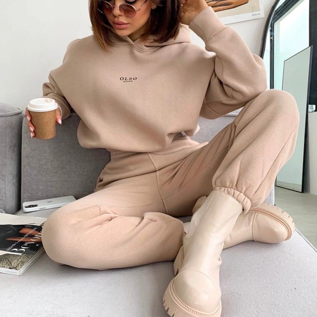 Damen Strickfleece Freizeitanzug Zweiteiler