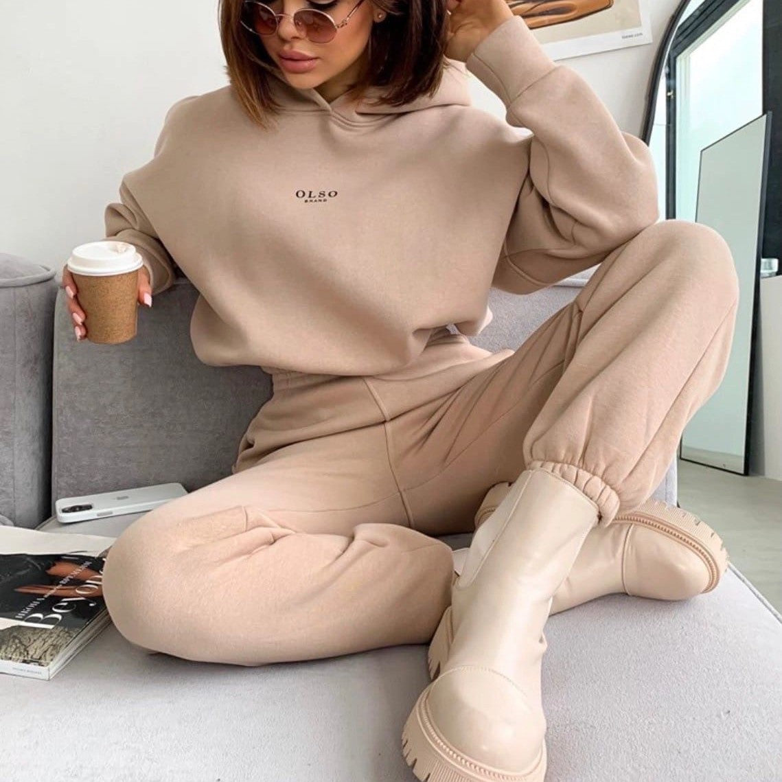Damen Strickfleece Freizeitanzug Zweiteiler