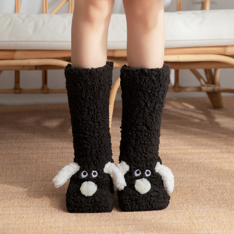 Süße Cartoon-Hund Bodensocken Winterwarme Rutschfeste Plüschsocken für Frauen